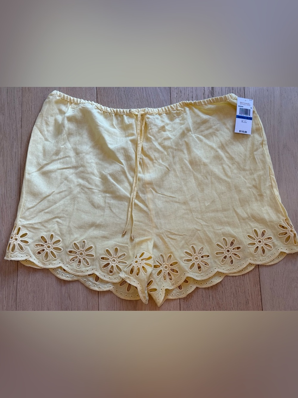 Michael Kors Eyelet Linen Blend Shorts Yellow Floral Scallop Hem XL NWT